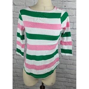 Charter Club Petite Striped Boat-Neck Buttoned-Shoulder Top Size PM Pink White